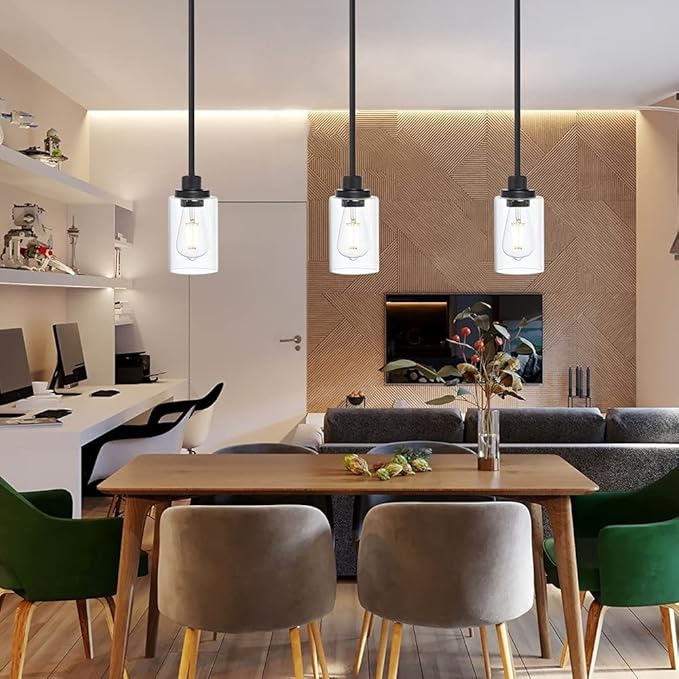 Black Industrial Pendant Light Fixtures, Kitchen Hanging Lighting with Clear Glass Cylinder Shade for Farmhouse Dining Room Coffee Bar Bedroom