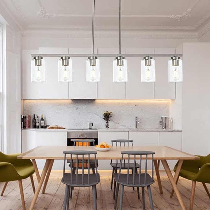 6-Light Kitchen Island Lighting with Clear Glass Shades, Modern Linear Pendant Light Fixture for Dining Room Pool Table, Brushed Nickel Finish