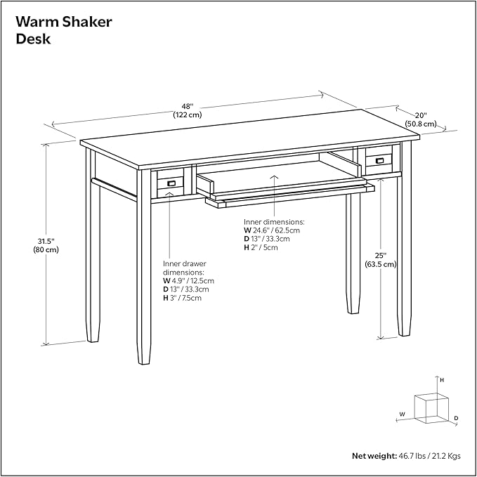 SIMPLIHOME Warm Shaker Desk - 48 Inch Wide Solid Wood Writing Desk in Mocha Brown, Transitional Home Office Computer Table for Workspace or Study with Flip-Down Keyboard Tray and 2 Drawers