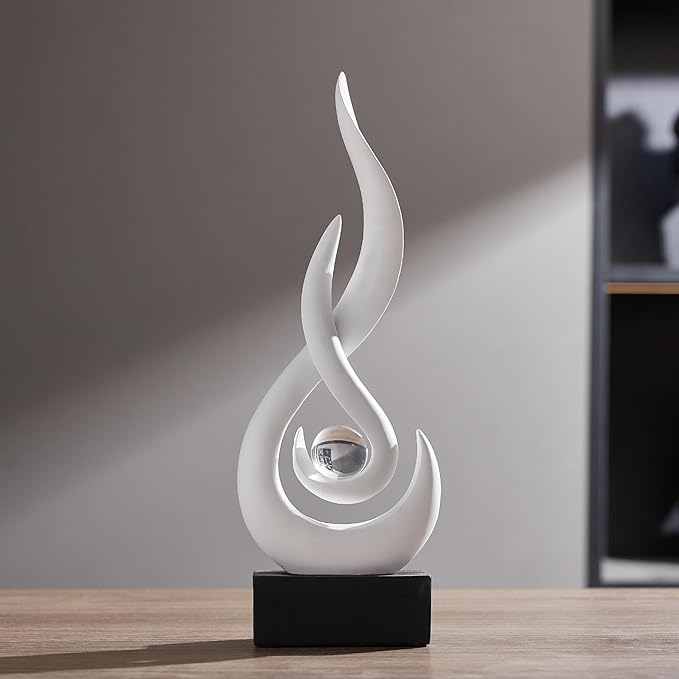 AWNR Abstract White Sculpture Decor: Flame Statue with Glass Ball Resin Art Figurines Unique Centerpiece Table Decorations Modern Home Decor Living Room TV Stand Coffee Table Office Decor