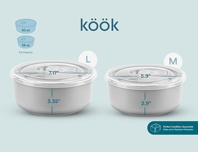 KooK Ceramic Mixing Bowls, Nesting Bowls, Set of 4, Kitchen Bowls, Prep, Serving, Gift, Microwave and Dishwasher Safe, 10/16/29/47 oz, (Grey)