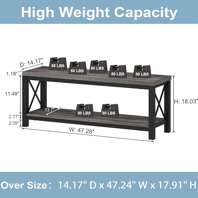 BON AUGURE Entryway Bench, Wood Metal Shoe Rack Bench for Indoor, Industrial Storage Benches for Bedroom, Mudroom, Foyer (47 inch Wide, Dark Grey Oak)
