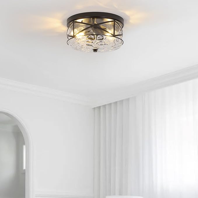 LamQee 9.8" Small Flush Mount Ceiling Light With Clear Hammered Glass, Black Hallway Light Fixtures Ceiling Mount for Bathroom, 2-Lights Farmhouse Close To Ceiling Light Kitchen Foyer Entryway Bedroom