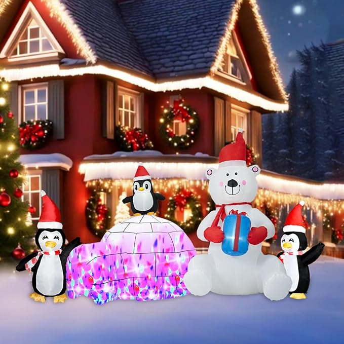 Christmas Inflatable Decoration, Sida-Earcy 10FT Polar Bear Snowball Igloo Lighted Blow Up Christmas Decorations Outdoor with Colorful Rotating LED Lights for Christmas Yard, Garden, Lawn