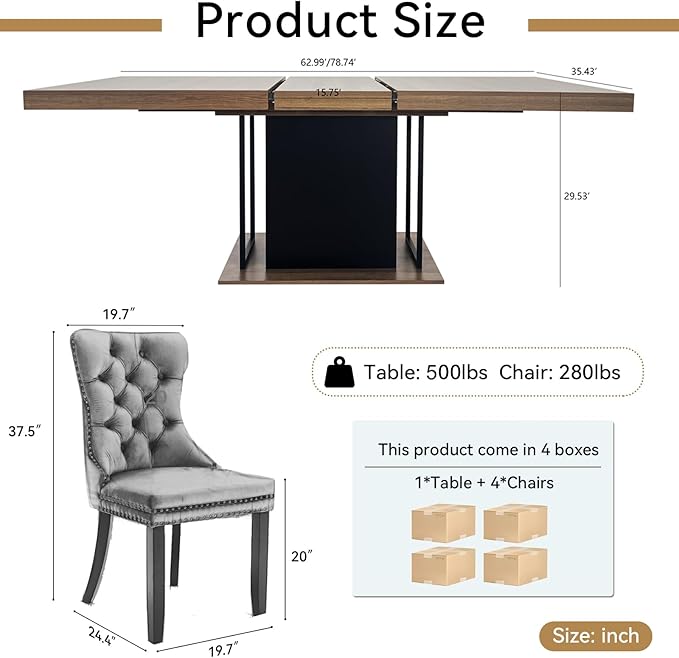 Goujxcy 78.7" Farmhouse Extendable Dining Room Table Set for 4, 5-Piece Rectangle Kitchen Dining Room Table Set with Wood Base and 4 Black Velvet Dining Chairs, Extending Kitchen & Dining Table Set