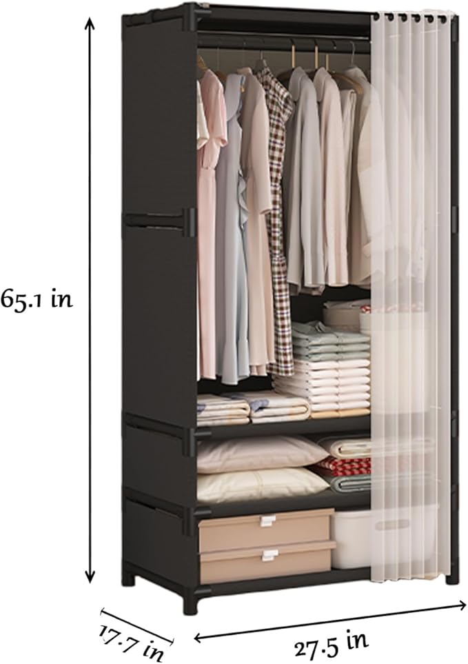 Portable Closet,Portable Closets for Hanging Clothes,Japanese Style Garment Rack with 1 Hanging Rods,2 Storage Shelves,27.5" L x 17.7" W x 65.1" H,Black