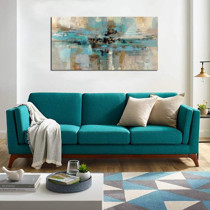 DZL Art A74762 Canvas Prints Abstract Wall Art Print Paintings Blue and Brown Stretched Canvas Wooden Framed for living Room Bedroom and Office Home Decor Artwork