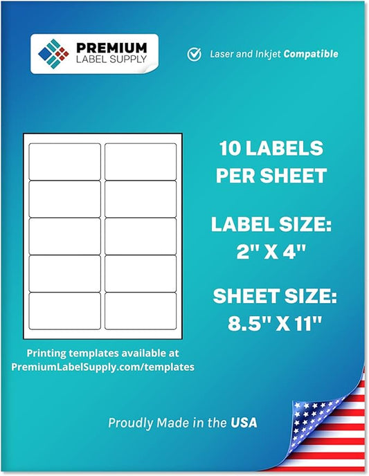 Premium Label Supply White Sticker Address Labels – 2" x 4" – Laser/Inkjet Compatible – (10 per Sheet), 25 Sheets – 250 Total Adhesive Labels