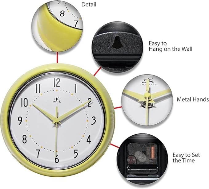 Infinity Instruments LTD. Retro 9 inch Silent Sweep Non-Ticking Mid Century Modern Kitchen Diner Wall Clock Quartz Movement Retro Wall Clock Decorative (Aura Yellow)…