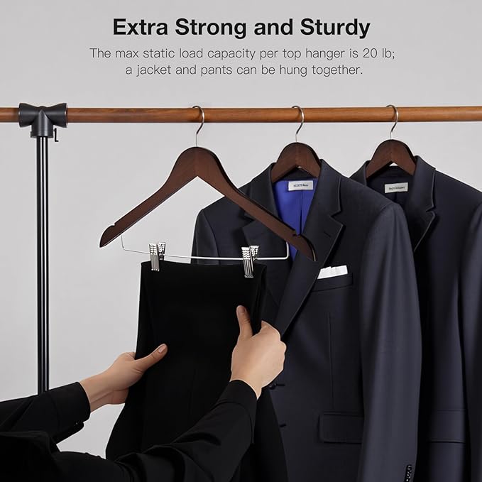 Wooden Hangers with Clips 12 PCS Pant Hangers with Clips,Smooth Solid Wooden Pants Hangers,360 Swivel Hooks & Adjustable Clips,for Jeans,Skirt,Suit,Shorts,Scarf.（Walnut）