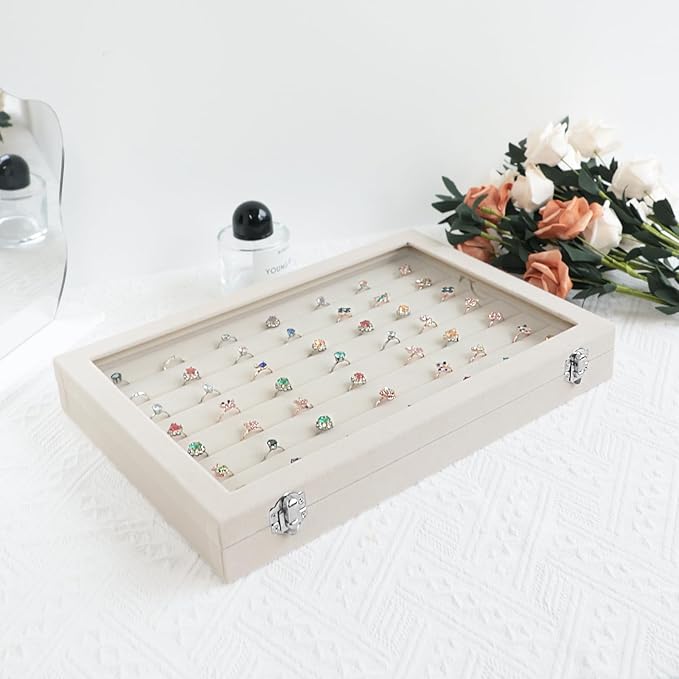 Wudygirl Ring Display with Clear Lid Organizer and Showcase Rings Box with 7 Slots Jewelry Tray for Drawer Velvet Rings Holder Accessories Storage (Beige Velvet)