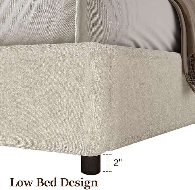 King Size Bed Frame with Round Headboard, Boucle Upholstered Bed with Round Headboard, Soft Arch Shaped Modern Style, No Box Spring Required, Easy Assembly, White