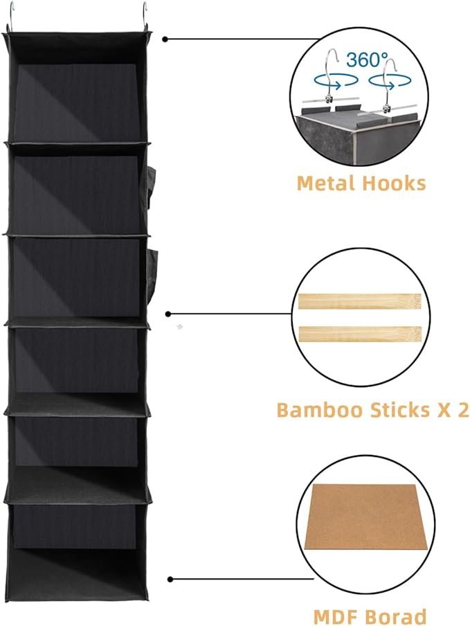 2 Packs Hanging Closet Organizer, 6-Shelf Closet Organizers and Storage with Side Pockets, Collapsible Hanging Shelves for Closet & RV & College Dorm,Black