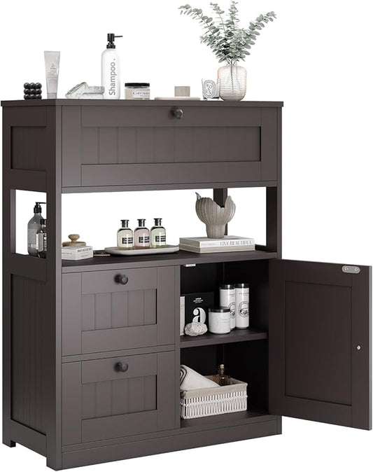 Bathroom Cabinet, Modern Bathroom Floor Storage Cabinet Organizer with 1 Door and 3 Drawers, Freestanding Cupboard for Kitchen/Living Room Use