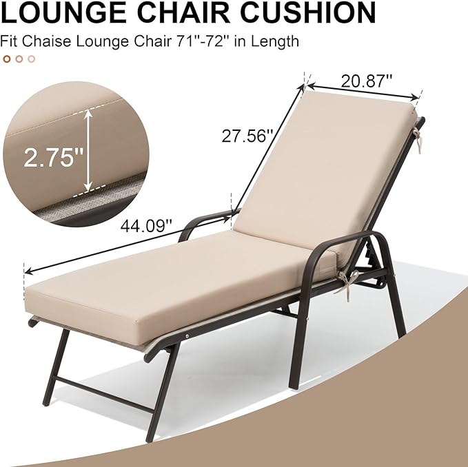 Crestlive Products Chaise Lounge Cushions Outdoor Set of 2, 72x21 Inch, Water Resistant Lounge Chair Cushions for Outdoor Furniture, Patio Cushions for Pool, Lawn, Beige, Khaki