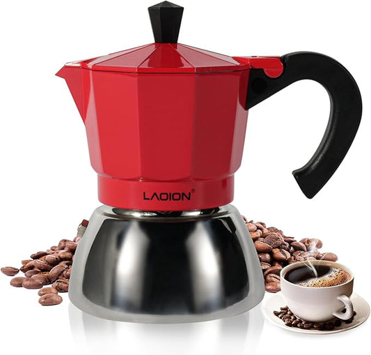 Stovetop Espresso Maker, 3Cup Moka Pot, Espresso Machine Compatible with Induction Cooktops, 150ml Stainless Steel & Aluminum Cuban Coffee Maker for Cafetera Cubana, Red
