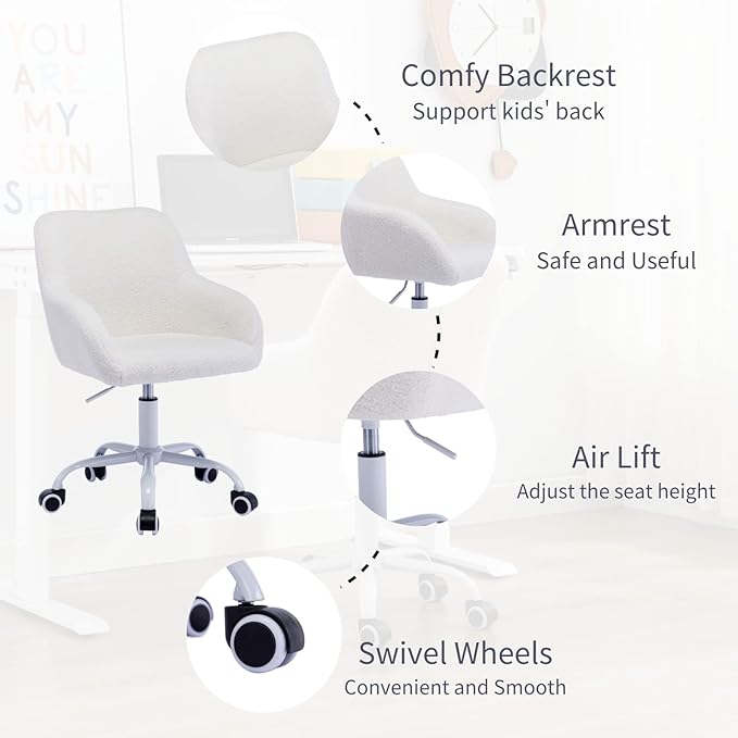 HEAH-YO Swivel Chair with Wheels, Adjustable Kids Desk Chair with Armrest and Back, Cute Lamb Wool Study Chairs for Boys and Girls, White