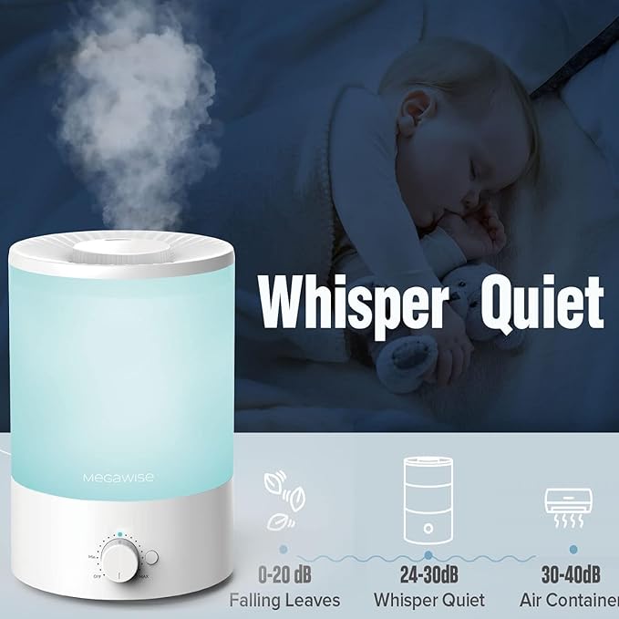 MEGAWISE 3.5L Cool Mist Humidifier – Ultra-Quiet Ultrasonic Vaporizer with Top-Fill Design, Essential Oil Diffuser, 7-Color Night Light & Auto Shut-Off