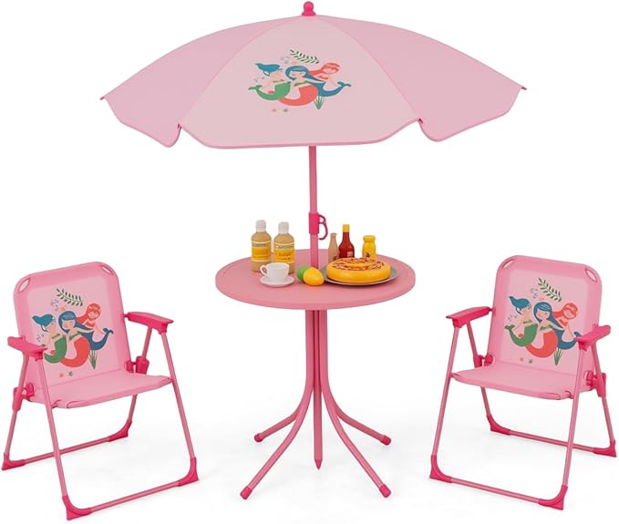 Costzon Kids Picnic Table, Kids Outdoor Table with 2 Folding Chairs, Height Adjustable Umbrella, Portable Children Outdoor Furniture for Patio, Garden, Backyard (Pink)