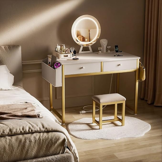 Makeup Vanity Desk with Mirror and Lights - Girls White and Gold Vanity Table Set with Chair, Fabric Drawers, Power Outlet, Small Modern Make Up Dressing Table for Bedroom