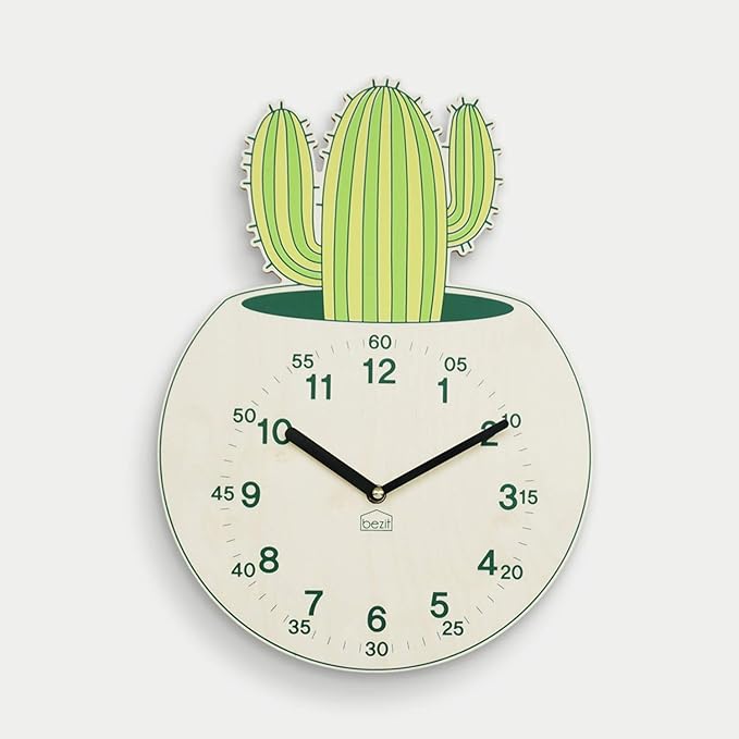 Silent 11-Inch Wall Clock for Indoor, Office, Home, Baby Room - Non-Ticking, Decorative, Modern, Kid-Friendly, Cactus (Green Cactus)