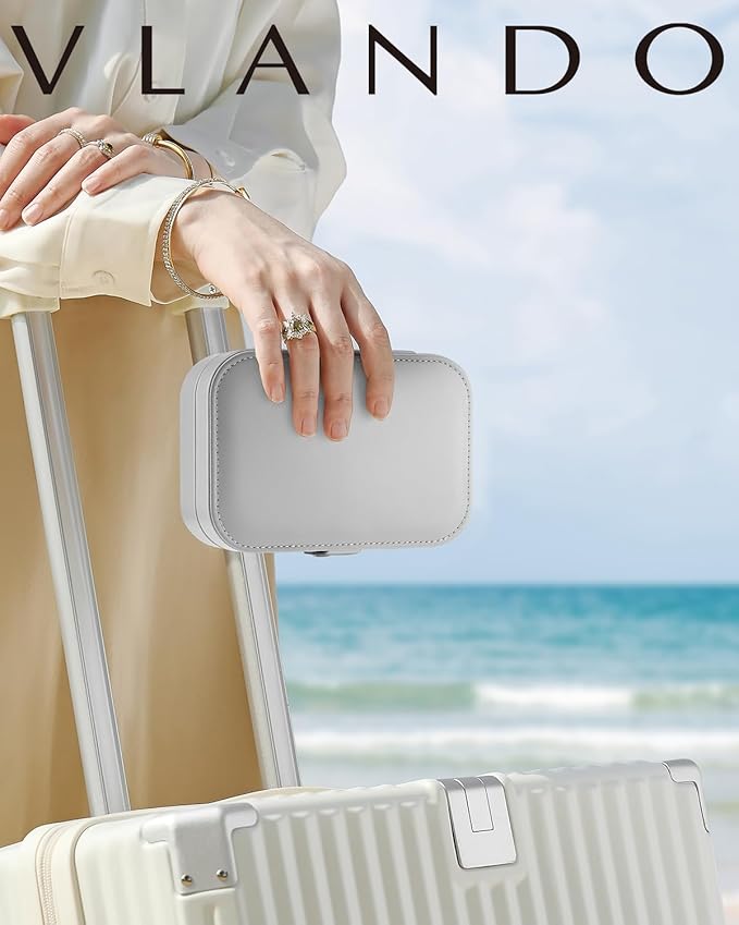 Vlando Travel Jewelry Case, PU Leather Travel Jewelry Box with Earring Holder, Portable Display Small Jewelry Box for Mothers Day Women Girls Gift - Grey