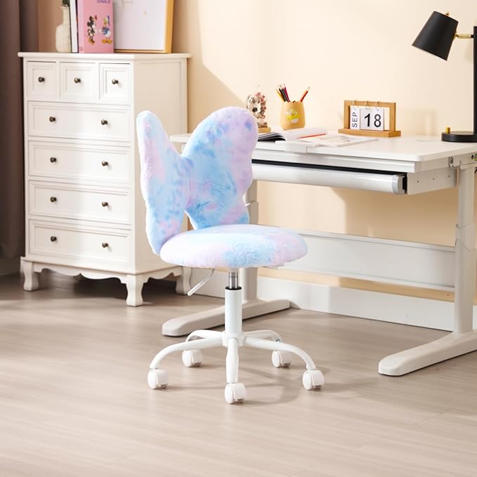 Contemporary Butterfly Shaped Kids Desk Chair, Adjustable Height, Blue-Purple Fur