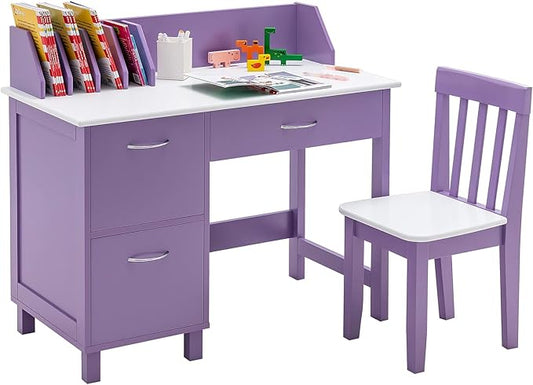 Costzon Kids Desk and Chair Set, Children Wooden School Learning Table w/Drawer & Storage Cabinets, Student Writing Computer Workstation for Bedroom & Study Room, Gift for Ages 3-8 (Purple)