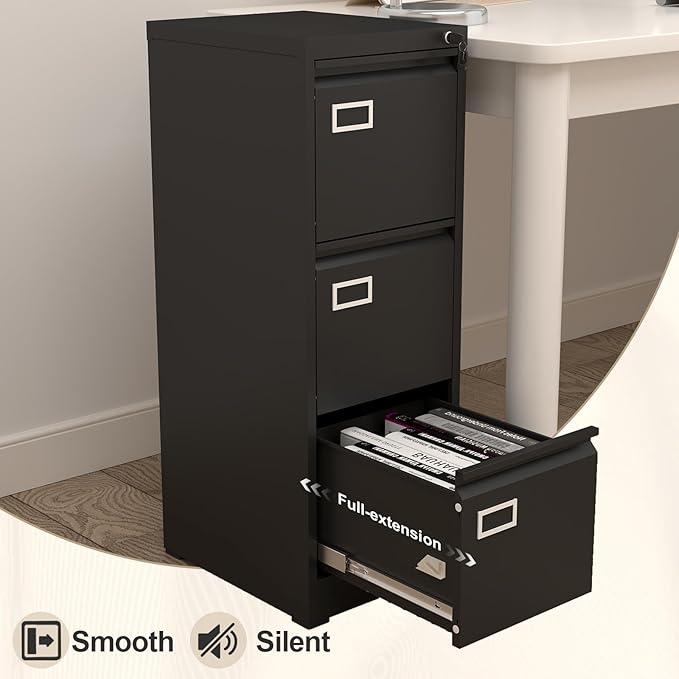 3 Drawer File Cabinet with Lock, Vertical Metal File Cabinets,Black Filing Cabinets for Home Office Fit Letter/A4/Legal Size File, Assembly Required