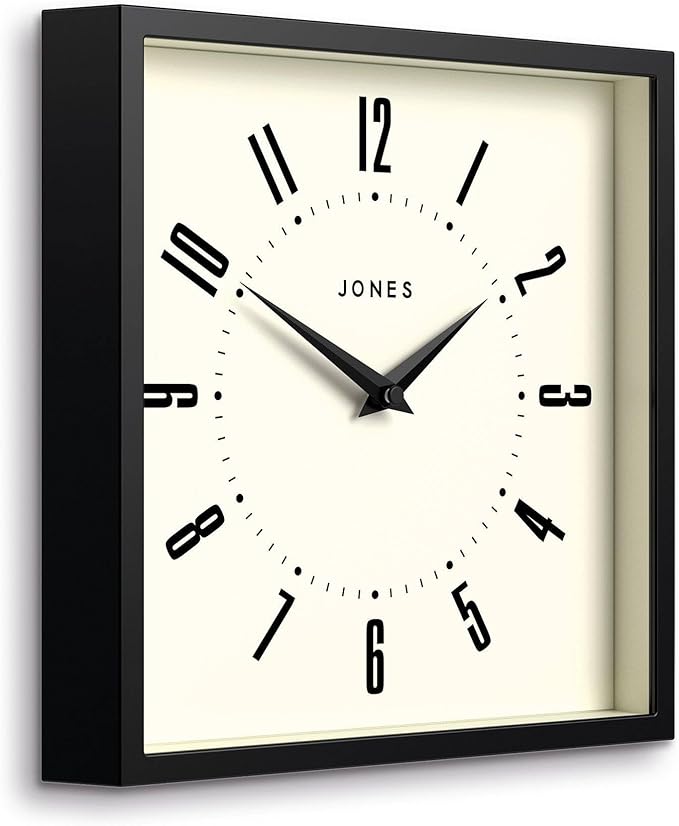 JONES CLOCKS® Box Wall Clock | Retro Square | 10 inch | Black | Easy to Read Numbers | Perfect Kitchen or Office Clock