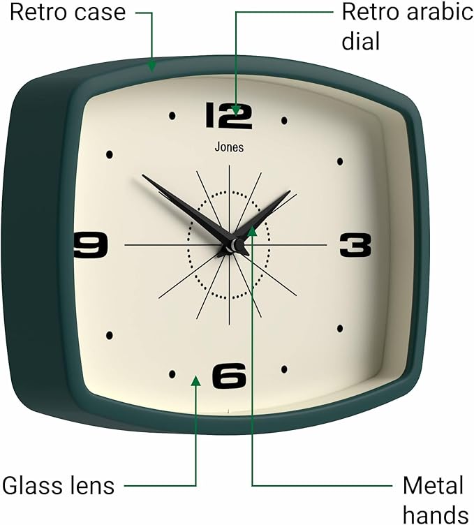 JONES CLOCKS® Movie Wall Clock | Rectangular Retro Clock | 10 inch | Dark Green | Cool mid-Century Designer Look for Kitchen, Living Room or Office