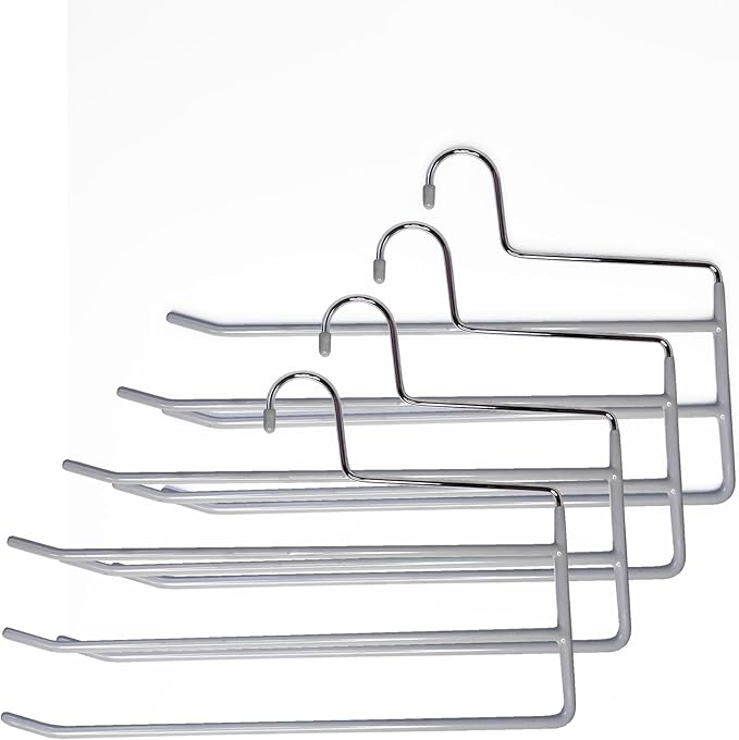 Pants Hangers 4 Pack, Multi Hangers for Pants and Jean 3 Tier Non Slip Metal Pants Hangers Space Saving, Clothes Closet Storage Organizer for Pants Jeans Skirts Tie Trousers Scarf