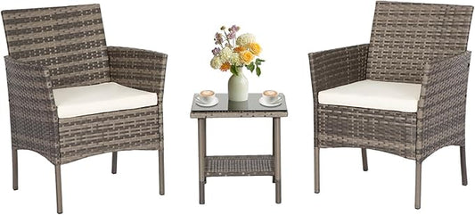 FDW 3 Piece Outdoor Furniture Set Patio Gray Wicker Chairs Furniture Bistro Conversation Set 2 Rattan Chairs with Khaki Cushions and Glass Coffee Table for Porch Lawn Garden Balcony Backyard