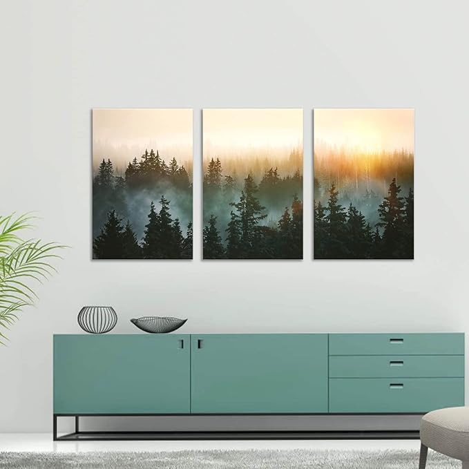 Forest Bathed in Sunlight Canvas Print Picture Painting Wall Art for Bedroom Living Room Framed 3 Piece Artwork Wall Decor for Bathroom Modern Room Plants Wall Decorations Size 16x24x3 Ready to Hang