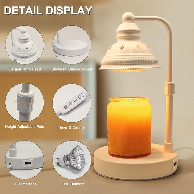 LIDORE Candle Warmer, Candle Warmer Lamp with Timer, Candle Lamp with USB Charger, Gift for Mothers Day Valentines Day Christmas New Year, Home Decor, Aromatherapy Warmer for Yoga, White