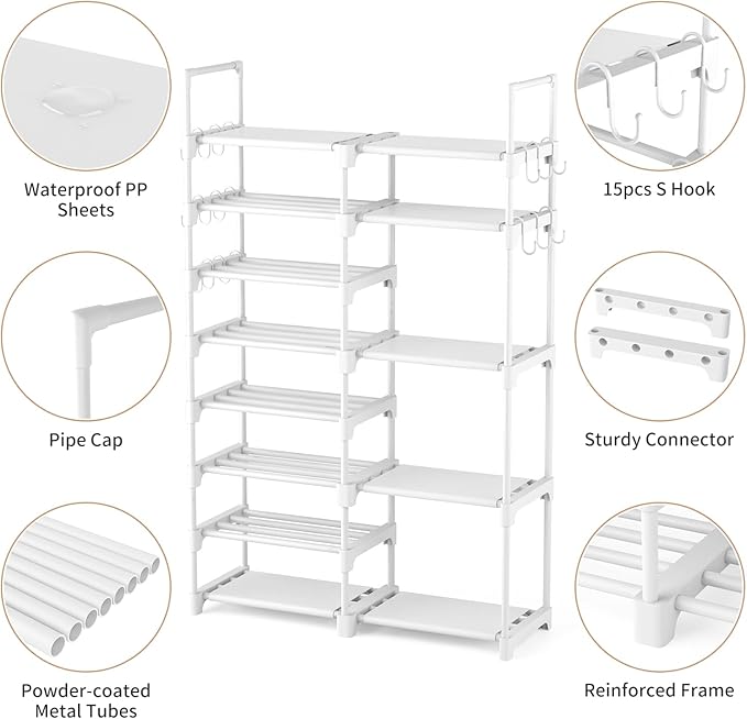 ROJASOP White Shoe Rack, Tall Metal Shoe Rack Organizer for Entryway Closet Garage, 8 Tier Large Shoe Shelf for 26-32 Pairs Boots & Shoes Storage, Space Saving Heavy Duty Shoe Stand