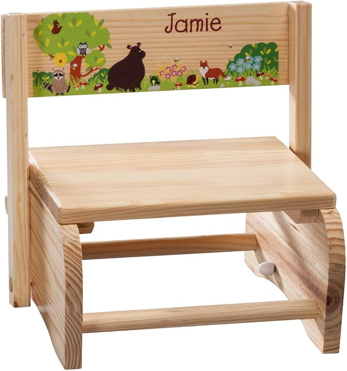 Custom 2-in-1 Children's Step Stool and Chair, Customized with Kid’s Name, Woodland Animals Design