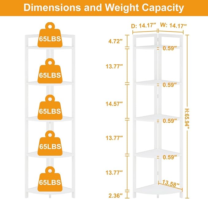 FATORRI Tall Corner Shelf, 5 Tier Modern Corner Bookshelf Stand, Wood and Metal Corner Plant Bookcase for Living Room, Home Office (White Oak)