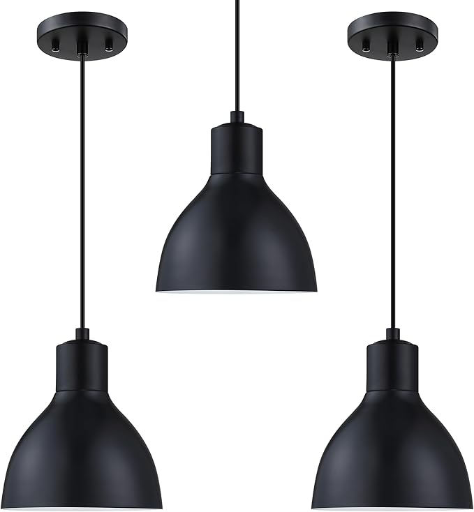 3 Pack 1 Light Industrial Hanging Indoor 7.3" Kitchen Island Pendant Ceiling Light Fixtures Black Finish,Drum Metal Shade for Bar Dining Room Living Room Over Sink