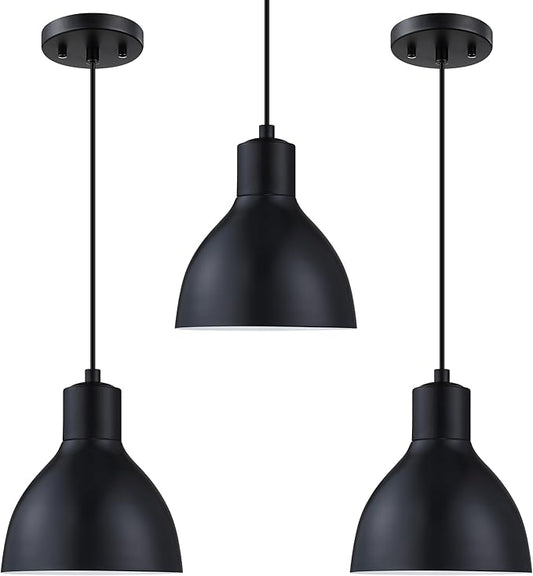 3 Pack 1 Light Industrial Hanging Indoor 7.3" Kitchen Island Pendant Ceiling Light Fixtures Black Finish,Drum Metal Shade for Bar Dining Room Living Room Over Sink