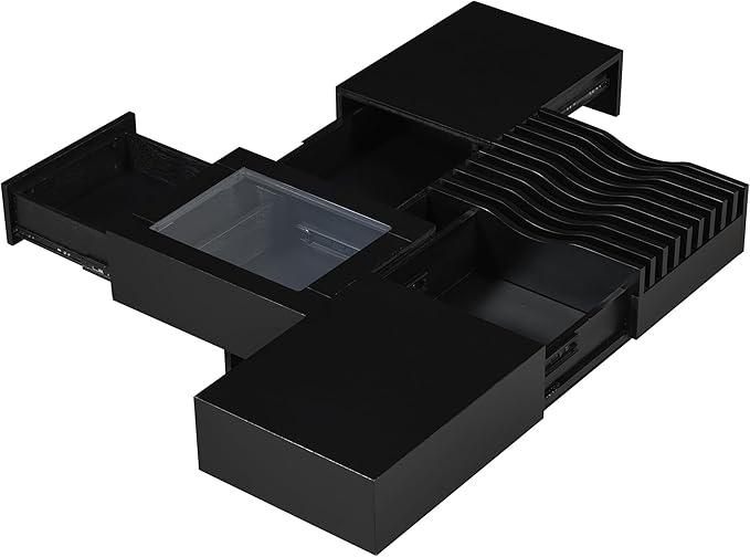 WILLIAMSPACE 33" Square Coffee Table with 3 Drawers, Modern Unique Wooden Center Table with Tempered Glass and Solid Wood Legs, Storage Accent Side End Table for Living Room Apartment, Black