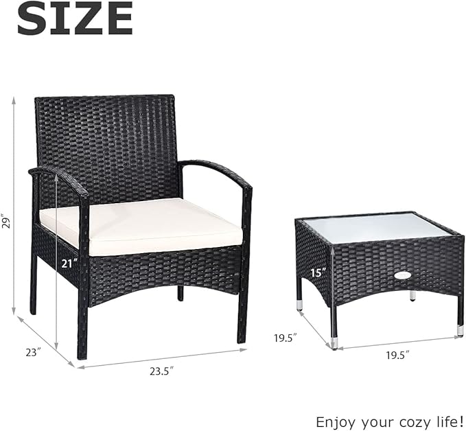 COSTWAY 3 PCS Patio Wicker Conversation Set, PE Rattan Sofa with Tempered Glass Coffee Table, 2 Chairs, 2 Cushions, Outdoor Patio Furniture Set for Yard Porch Bistro Balcony Backyard Pool, White