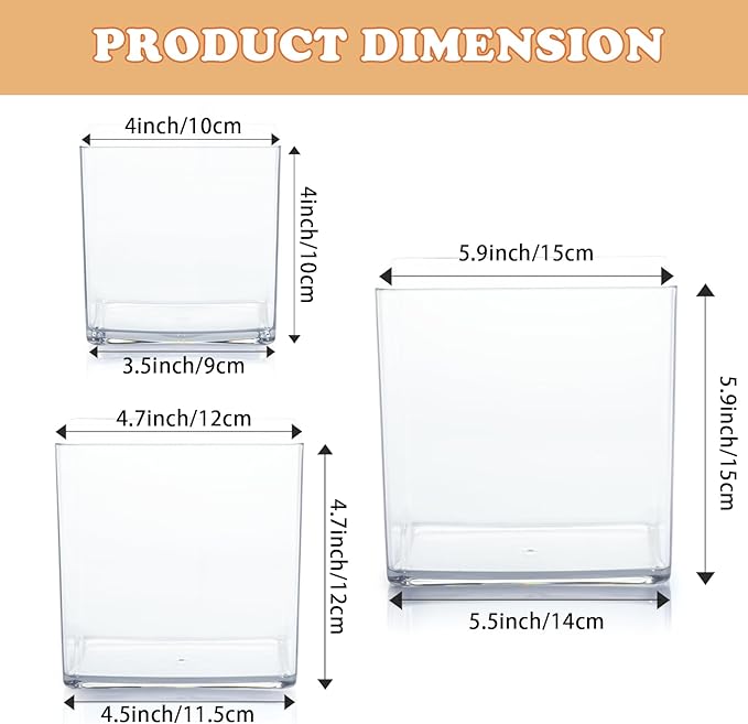 Acrylic Cube Vases Set of 3, Clear Square Vases, Shatterproof Flower Vase Decorative Centerpiece for Home, Wedding, 4”+5”+6”