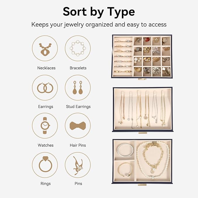 Voova Jewelry Box Organizer for Women Girls, 3 Layer PU Leather Jewelry Storage Case with Glass Lid & 2 Drawers, Large Jewellery Display Holder for Necklaces Rings Earrings Bracelets, Navy Blue