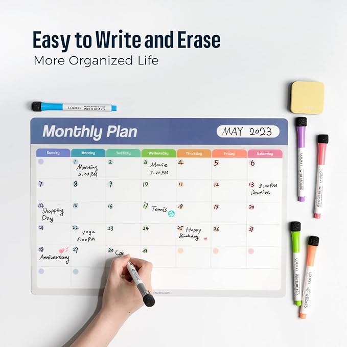 Loukin 17"x11.8" Monthly Dry Erase Calendar, Electrostatic Clings to All Shiny Surface, Reusable Whiteboard Planner Schedule for Refrigerator, Office, Classroom, 6 Magnetic Markers & 1 Eraser Included