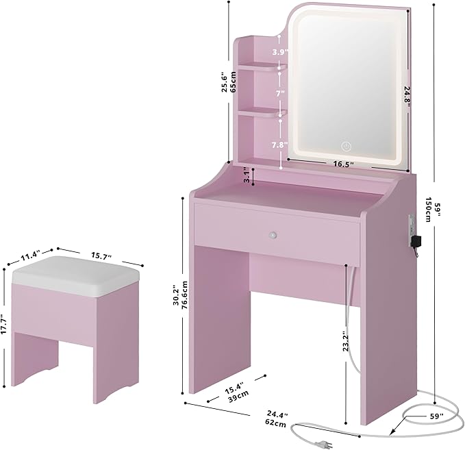 LIKIMIO Small Makeup Vanity Desk with Mirror and Lights, Vanity Table Set with Storage Drawer, Chair and Three Shelves, Bedroom, Pink