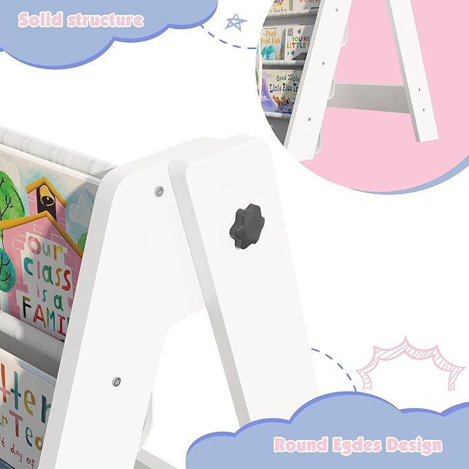 NACHES 4-Tier Foldable Kids Bookshelf, Large Capacity Montessori Sling Bookcase with 4 Deep Fabric Pockets, Magazine and Book Storage Rack for Nursery, Kids Room, Bedroom, Playroom (White)