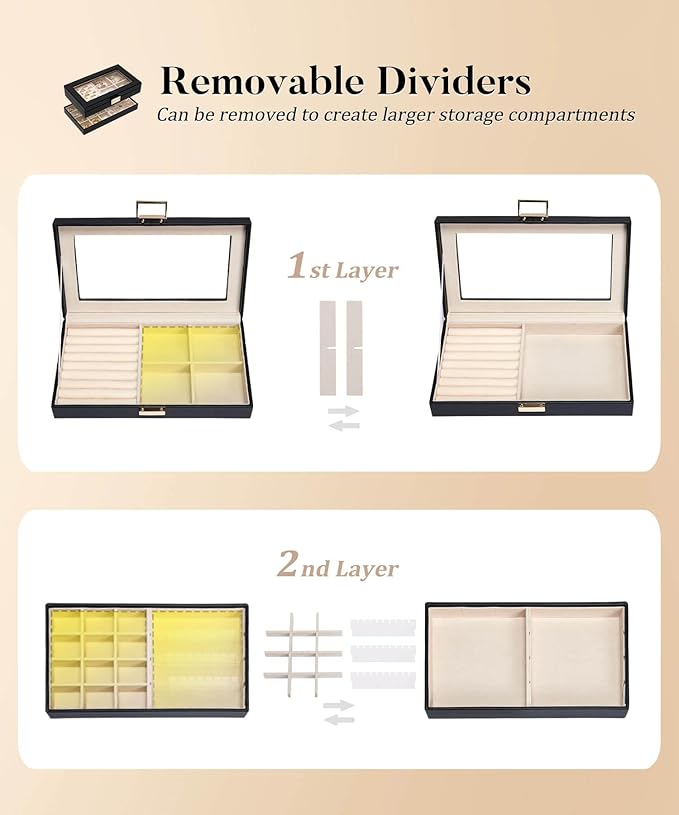 Homde Jewelry Tray Stackable Jewelry Box with Glass Lid, Removable Dividers for Vanity Table Gift Idea for Girls and Women (Black)