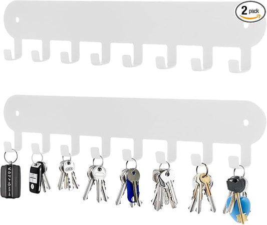 2 Pack Key Holder Wall Mount, Wall Mount Key Holder, Keys Holder On Wall, Key Hooks with 8 Hooks, Key Rack for Wall No Drill for Living Room, Kitchen, Bathroom, Garage (White)