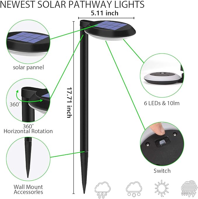 kinna Outdoor Solar Path Lights Waterproof Landscape Pathway Light with 6 White LEDs Garden Lighting Decorative for Patio Driveway Backyard (Black-4 Pack)
